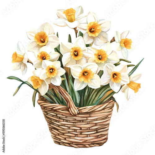 A watercolor of Daffodil bouquet in a basket, isolated on a white background. Daffodil bouquet in a basket vector.
