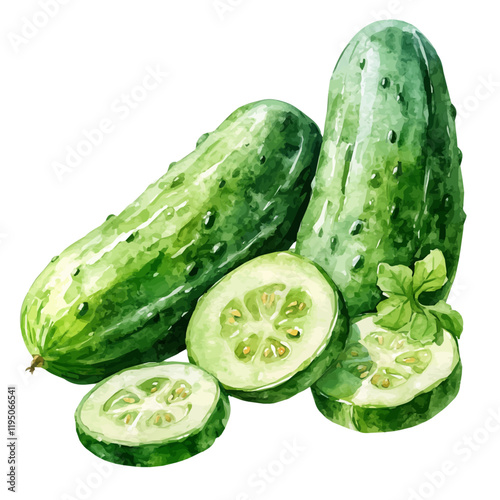 A watercolor illustration of Cucumber, isolated on a white background. Cucumber vector.
