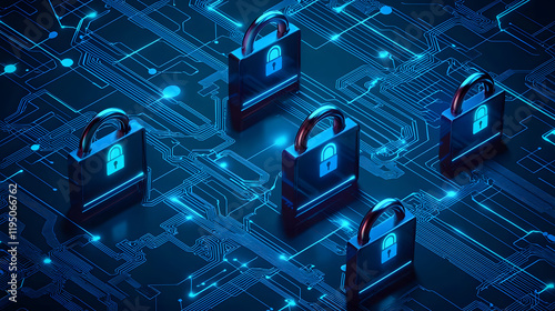 A glowing digital lock surrounded by streams of binary code and data points, symbolizing cybersecurity. 