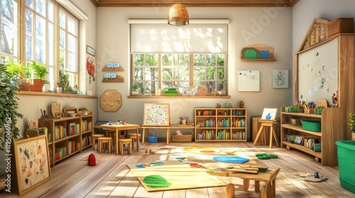 A cheerful and well-organized classroom with shelves of books, an art station, and a designated area for storytime.