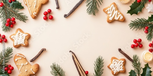 Wallpaper Mural Minimalist winter flat lay featuring gingerbread cookies, fir branches, holly berries, and vanilla sticks on a light background with ample copy space. Torontodigital.ca