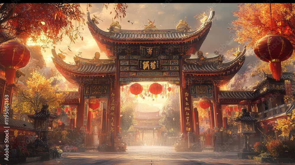 The ornate gate of a Chinese temple, adorned with red and gold decorations, Chinese symbols of fortune