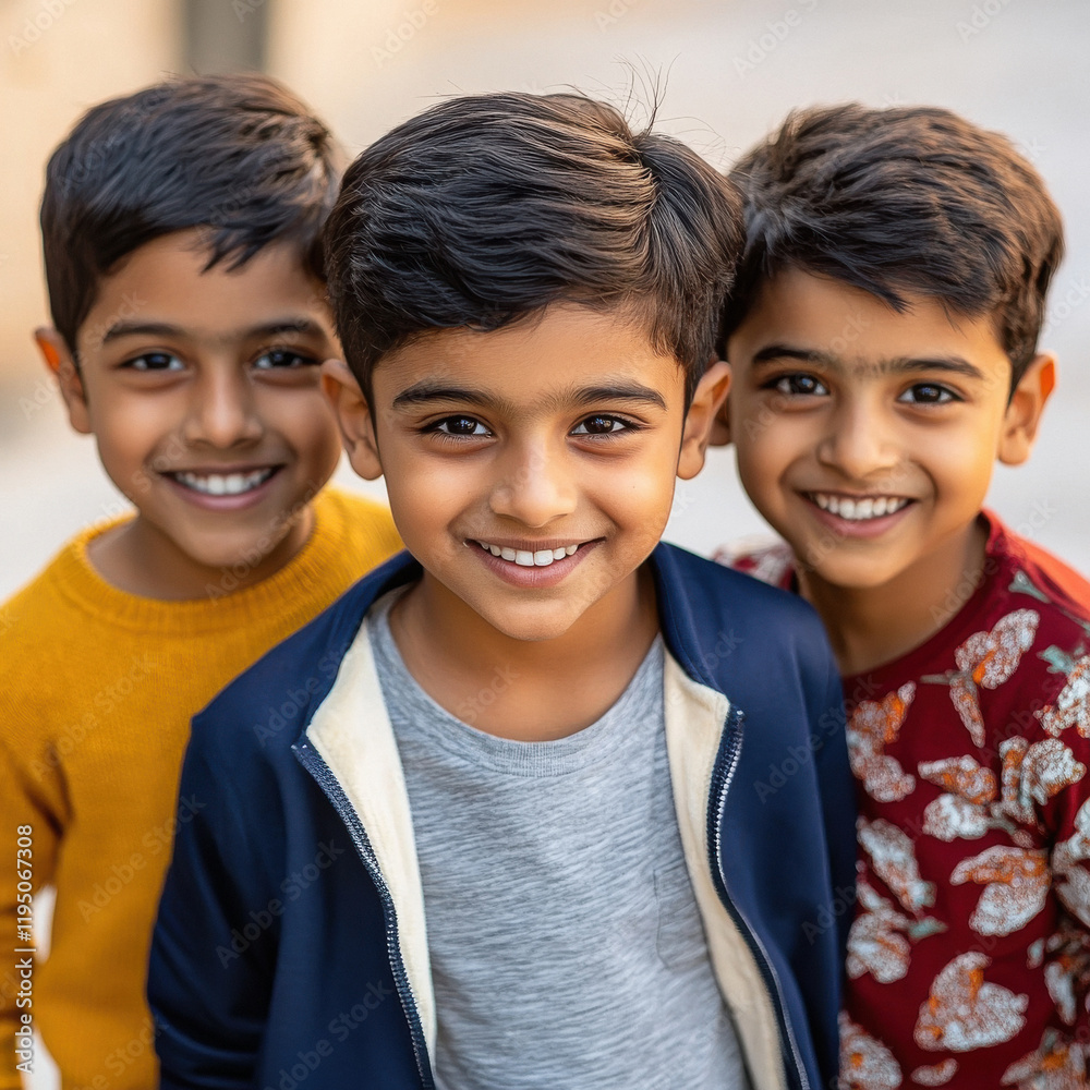 three young Indian boys with fair skin and black hair, showcasing their unique styles and confident smiles. three young Indian boys with fair skin and black hair, showcasing their unique styles and confident smiles.