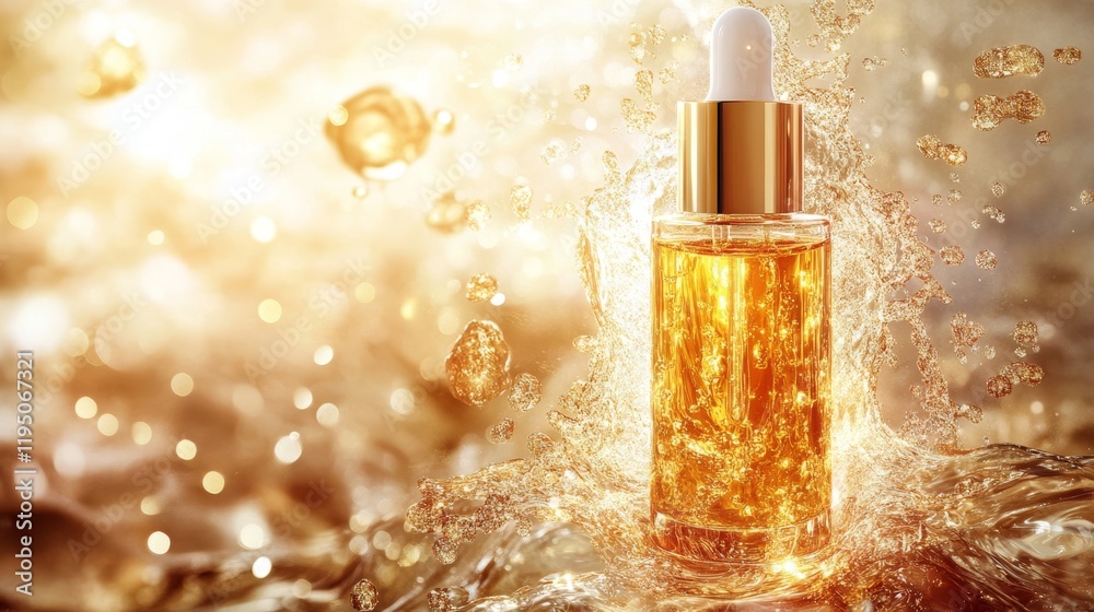 Fototapeta premium Beautiful Golden Serum Bottle with Splashing Water Background