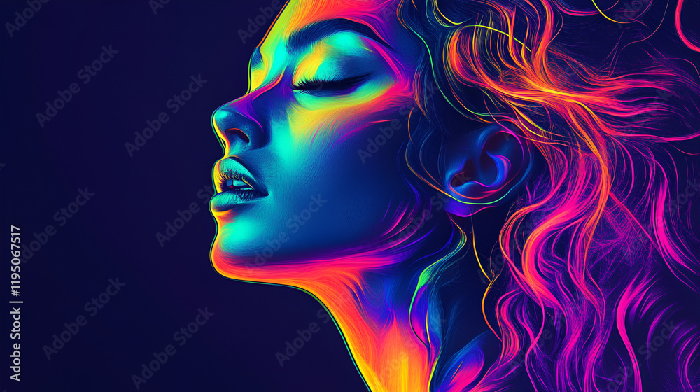 Neon Dreams: A vibrant, stylized portrait of a woman, her face and hair radiating with iridescent neon colors, evokes a sense of fantasy and otherworldly beauty. Neon Dreams: A vibrant, stylized portrait of a woman, her face and hair radiating with iridescent neon colors, evokes a sense of fantasy and otherworldly beauty.