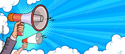 Hand holds megaphone bullhorn in retro pop art comic style  Loudspeaker Business banner