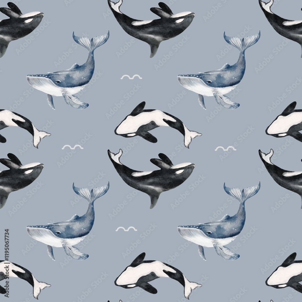 Pattern featuring orcas and seals in a vibrant textile design for wrapping and packaging Pattern featuring orcas and seals in a vibrant textile design for wrapping and packaging