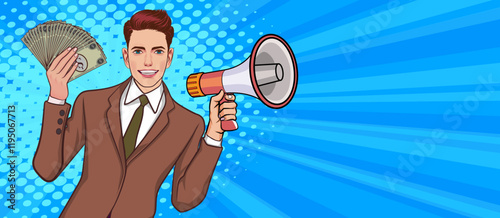 Business man with loudspeaker megaphone announcing discount or sale Special offer shopping time