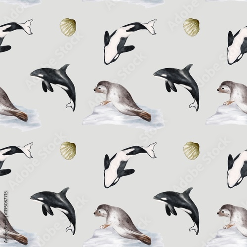 Whales and seals seamless fabric pattern with marine life elements and soft colors photo