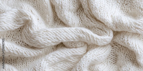 Close-up image of soft white knitted wool fabric featuring an organic texture with folded and layered details creating visual depth and warmth.
