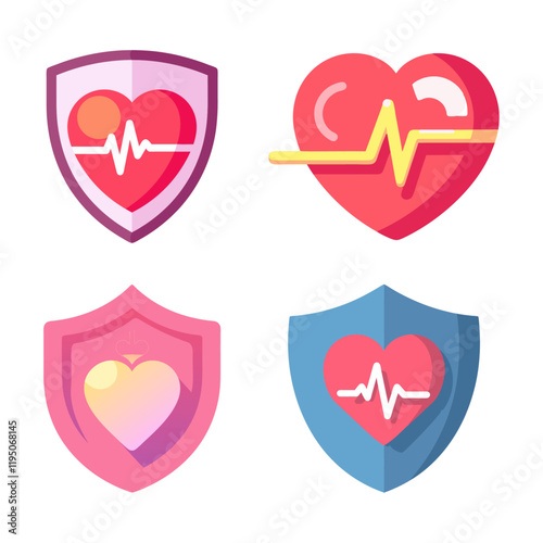 Fitness Heart and Health Shield Icons Set for Wellness and Healthy Lifestyle