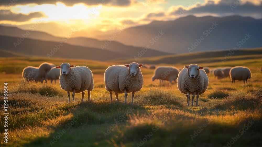 Fototapeta premium flock of sheep with thick wool coats, grazing peacefully on a sunlit meadow, with distant mountains creating a serene backdrop