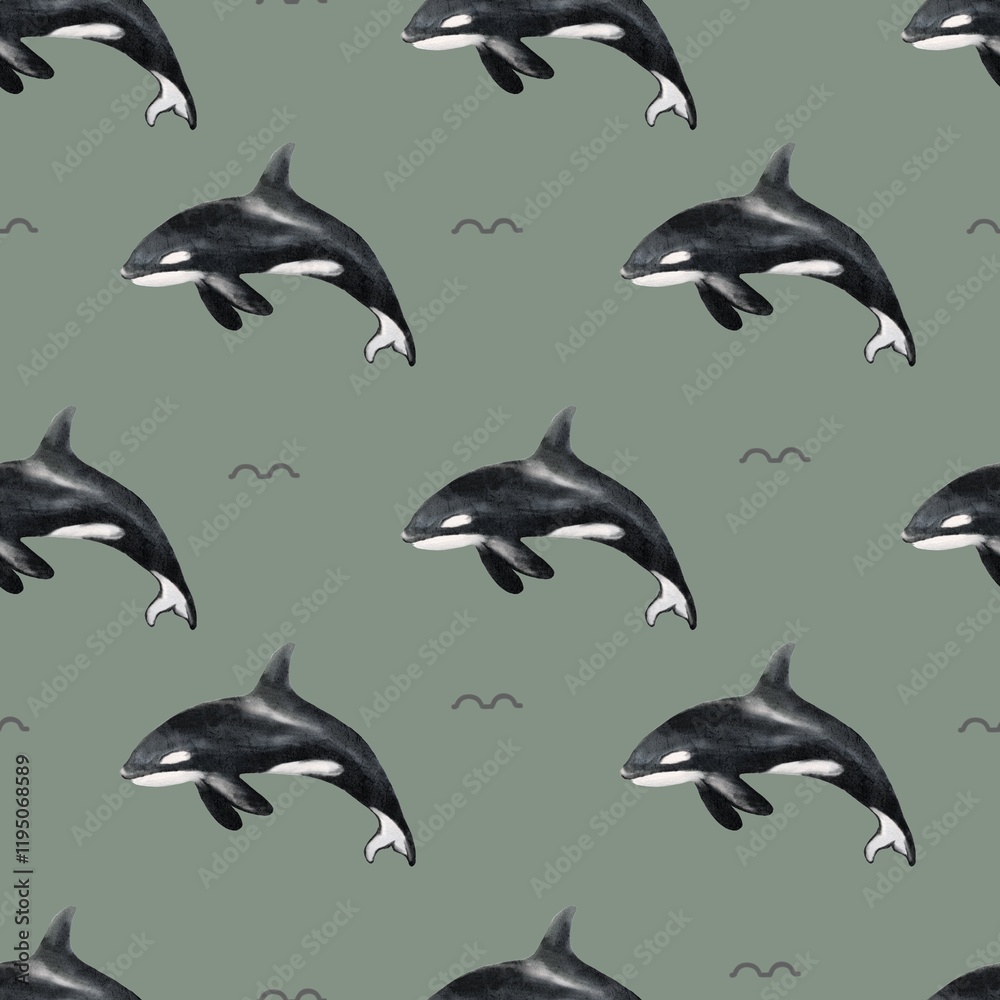 Fototapeta premium Whale and seal print pattern featuring orcas against a soothing green backdrop