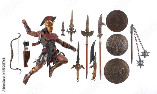 gladiator and set of weapons isolated on white background
