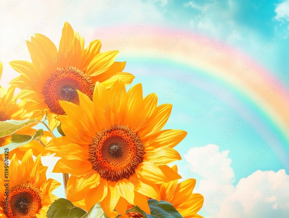 Obraz premium Vibrant Sunflower Field Rainbow: Colorful, Uplifting Landscape