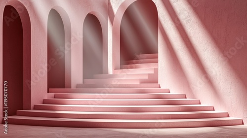 Pink Archway Staircase  An ethereal stairway winds its way upwards through an architectural masterpiece  bathed in soft pink light that bathes the scene in a dreamy glow.