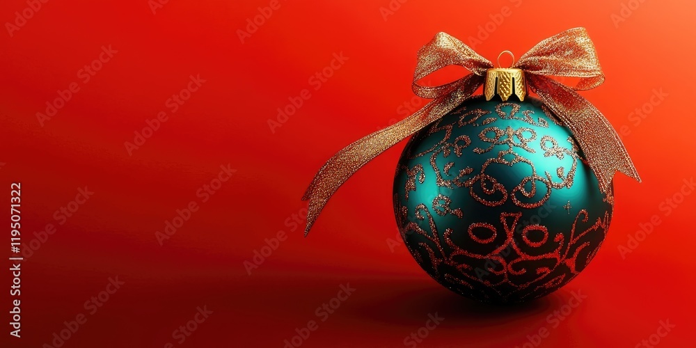 Vibrant red background with a turquoise Christmas ornament decorated with gold patterns and a shiny ribbon bow positioned to the right Vibrant red background with a turquoise Christmas ornament decorated with gold patterns and a shiny ribbon bow positioned to the right