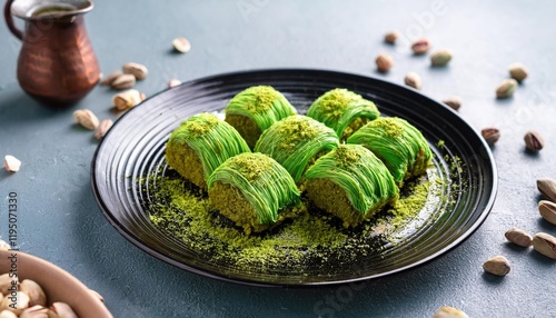 Dubai chocolate with green kataifi and pistachio paste. Trend dessert  photo