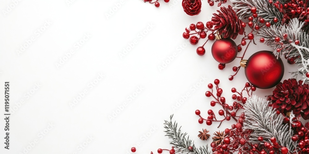 Christmas flat lay arrangement with red ornaments and pine cones on white background showcasing winter holiday themes and ample copy space Christmas flat lay arrangement with red ornaments and pine cones on white background showcasing winter holiday themes and ample copy space