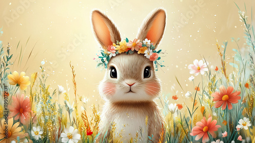 Adorable cartoon bunny with flower crown in vibrant spring meadow photo