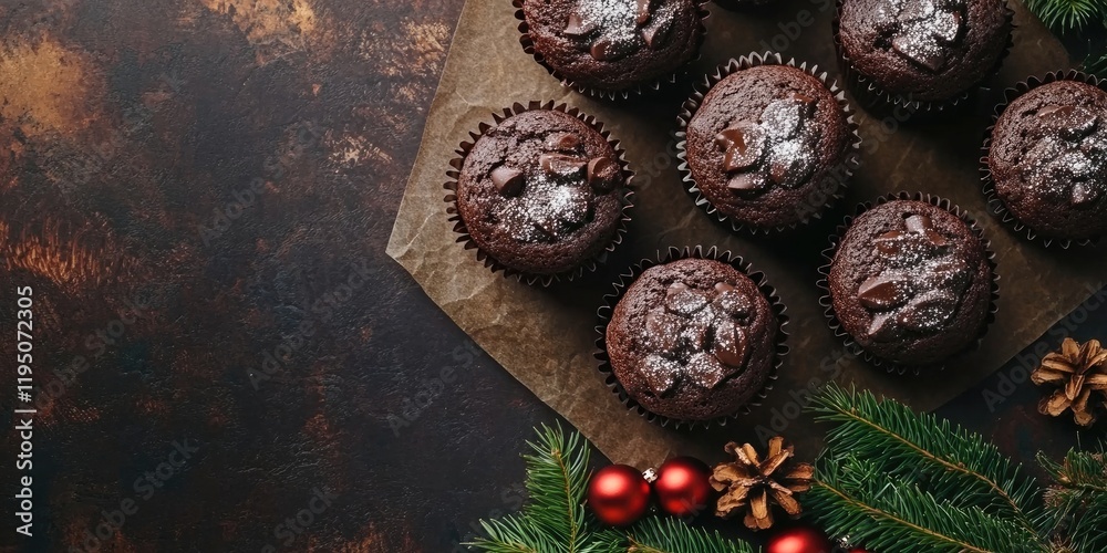 Fototapeta premium Chocolate muffins arranged on a brown parchment with silver dust and chocolate chips, surrounded by pine branches and festive ornaments, top view.