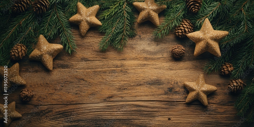 Rustic wooden board adorned with star-shaped decorations and pine cones surrounded by lush evergreen branches perfect for festive text placement