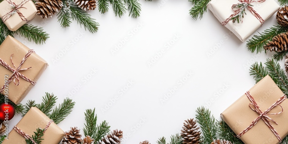 Christmas flat lay scene with gift boxes in white and brown, pine cones, and evergreen branches arranged on bright white background, copy space. Christmas flat lay scene with gift boxes in white and brown, pine cones, and evergreen branches arranged on bright white background, copy space.