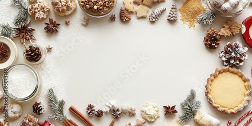 Festive baking setup on a white surface with scattered ingredients like nuts and spices pinecones and red accents creating a cozy holiday atmosphere photo