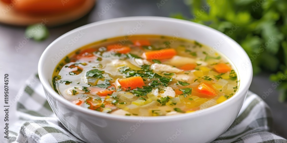 Hearty chicken soup in a white bowl with vibrant carrots, herbs, and greens on a gray table, garnished with fresh parsley and a textured cloth. Hearty chicken soup in a white bowl with vibrant carrots, herbs, and greens on a gray table, garnished with fresh parsley and a textured cloth.