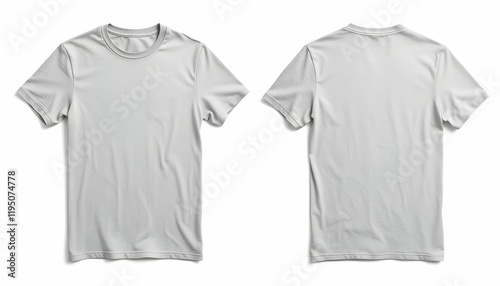 Gray t-shirt, plain cotton shirt, front and back view, floating garment, clean background, product photography, simple design, casual wear, solid color, summer clothing, studio lighting