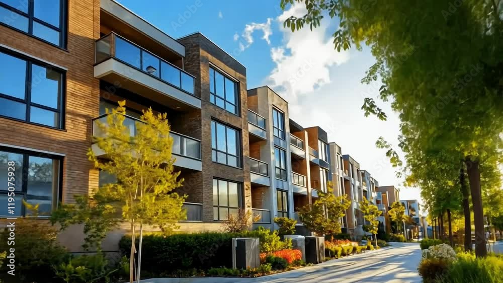 A stylish residential building surrounded by trees and greenery, blending urban and natural living.