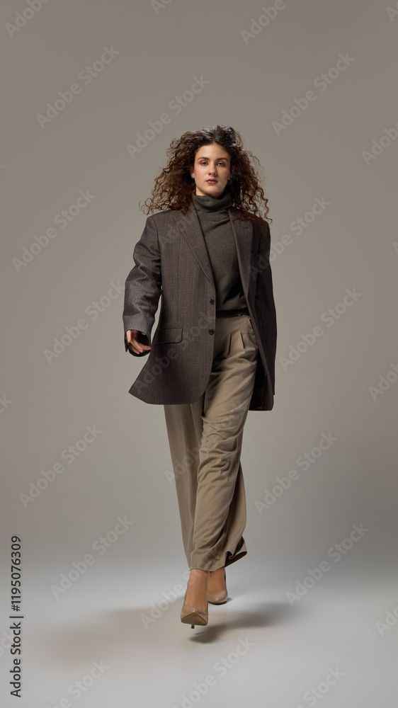 Dynamic photo of attractive young lady, dressed formal suit in pastel color scheme, walking in motion against grey studio background. Concept of human emotions, self-expression, fashion and style.
