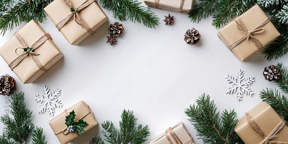 Christmas decoration with wrapped present boxes in beige and green, wooden snowflakes, fir tree branches, and pine cones on a white background.