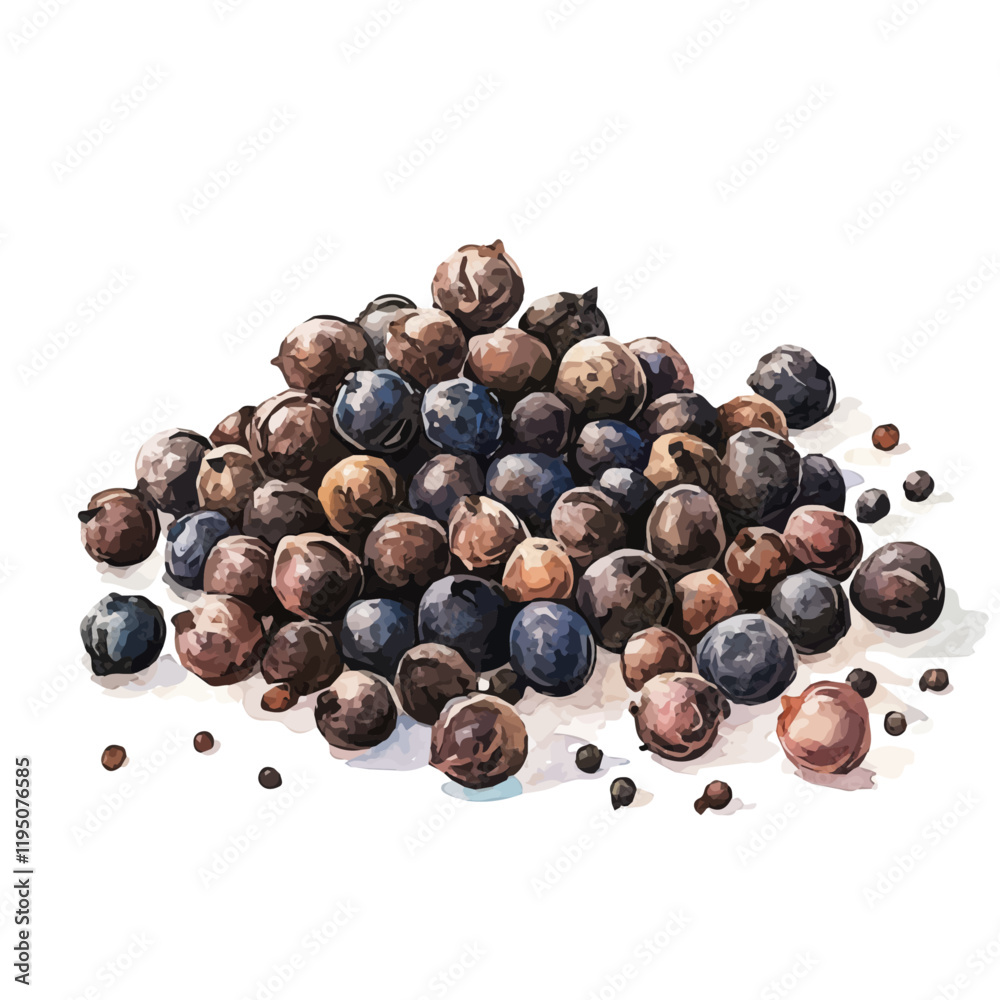 A watercolor illustration of black pepper, isolated on a white background. Black pepper vector.
A watercolor illustration of black pepper, isolated on a white background. Black pepper vector.