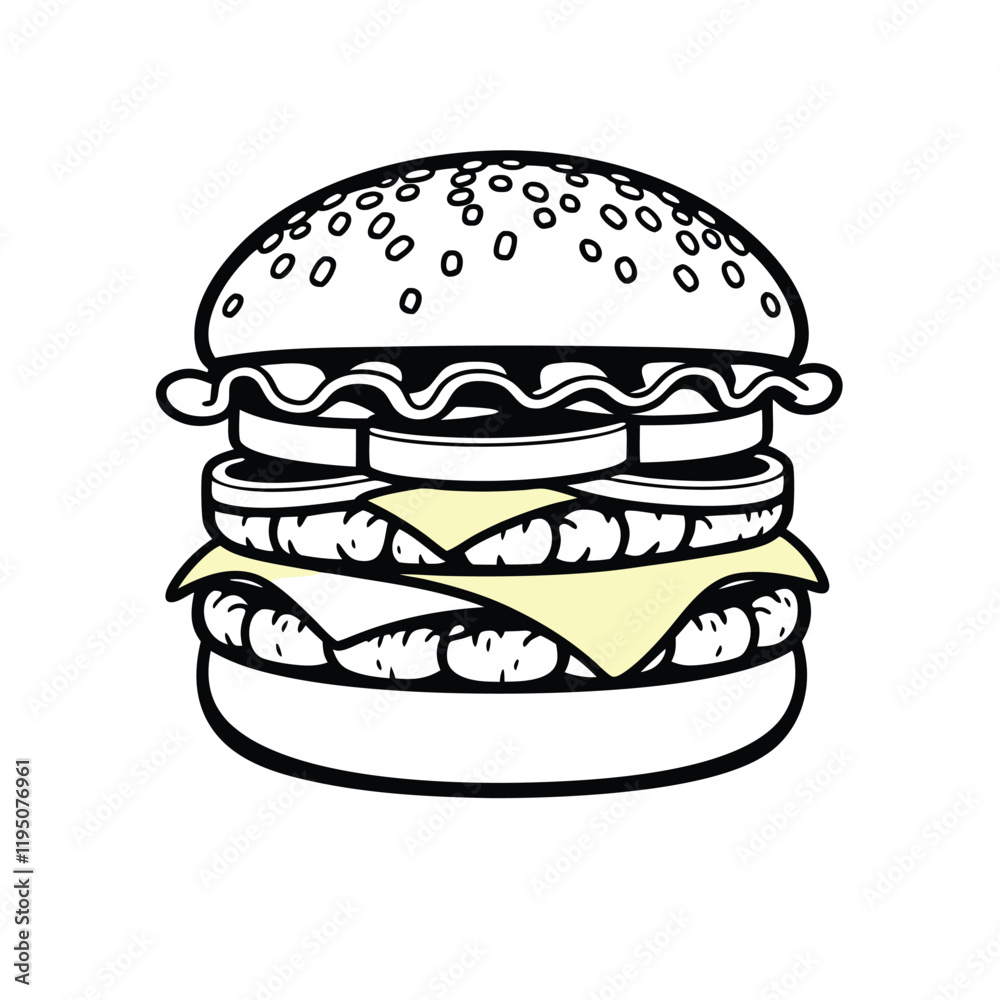 Black and White Double Cheeseburger Line Art with Yellow Cheese Accent Black and White Double Cheeseburger Line Art with Yellow Cheese Accent