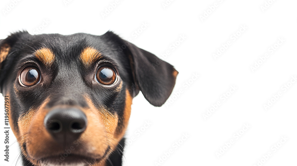 Curious Canine Close-Up: A captivating close-up of a small, black and tan dog with wide, expressive eyes, peering inquisitively from the corner of the frame. Curious Canine Close-Up: A captivating close-up of a small, black and tan dog with wide, expressive eyes, peering inquisitively from the corner of the frame.