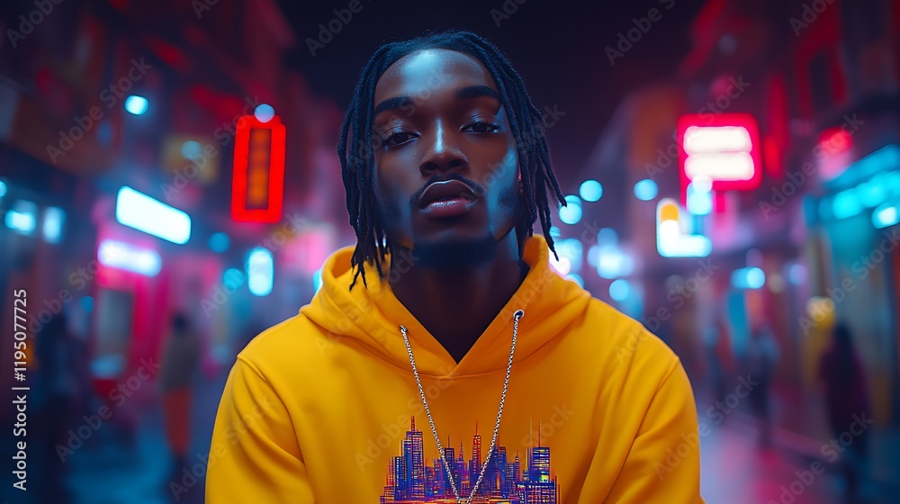 Obraz premium Young man in yellow hoodie at night.