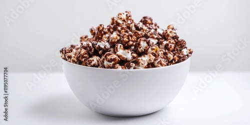 Chocolate popcorn in a white bowl against a minimalistic white background; rich brown and white colors; ample space for text or design elements.
