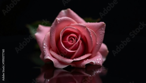 Close-Up of a Dewy Pink Rose on Reflective Black Surface photo