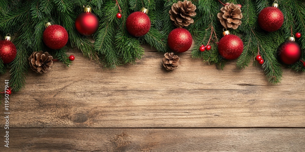 Christmas decoration with green fir branches and red ornaments arranged in a flat lay style on a wooden surface featuring ample copy space Christmas decoration with green fir branches and red ornaments arranged in a flat lay style on a wooden surface featuring ample copy space