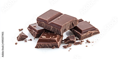 Chopped dark chocolate pieces scattered on a white background, showcasing rich brown tones and a textured surface.