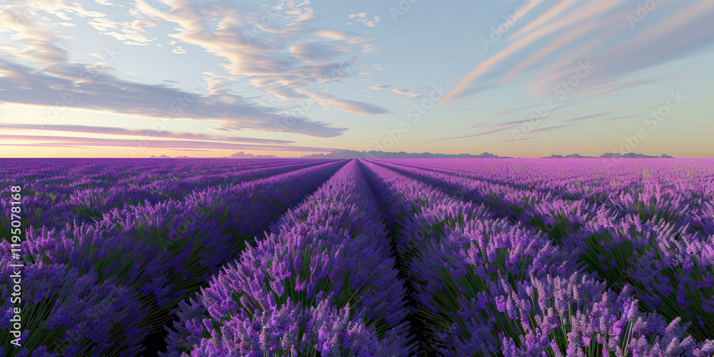 Obraz premium Lavender Field at Sunset with Distant Mountains