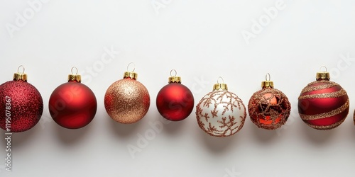 Red and gold Christmas ornaments arranged symmetrically on a white background with space for text featuring glittery and patterned designs photo