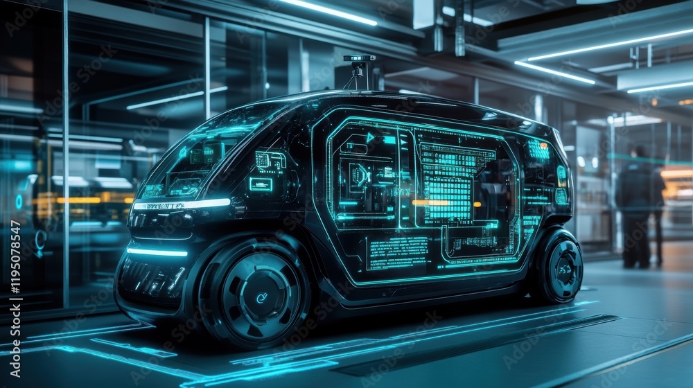 Detailed visuals of the navigation systems embedded in an autonomous delivery unit with various signals glowing on the interface signaling active 5G communication during operation. Detailed visuals of the navigation systems embedded in an autonomous delivery unit with various signals glowing on the interface signaling active 5G communication during operation.