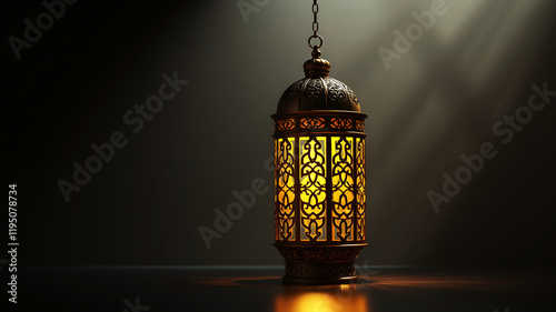 Vintage golden lantern emits light. Islamic elegant minimalist festive background with copyspace, creating a serene ambiance for ramadan or eid al-fitr