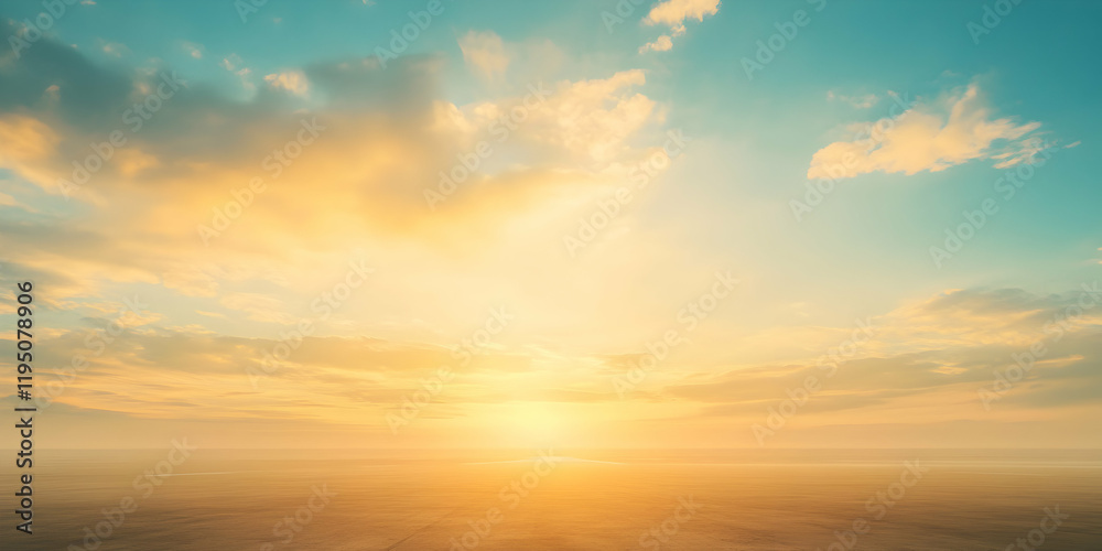 Fototapeta premium Golden Hour Horizon: A breathtaking panoramic view of a vibrant sunset, where the sun dips below the horizon, painting the sky with warm hues of gold, orange, and soft turquoise.