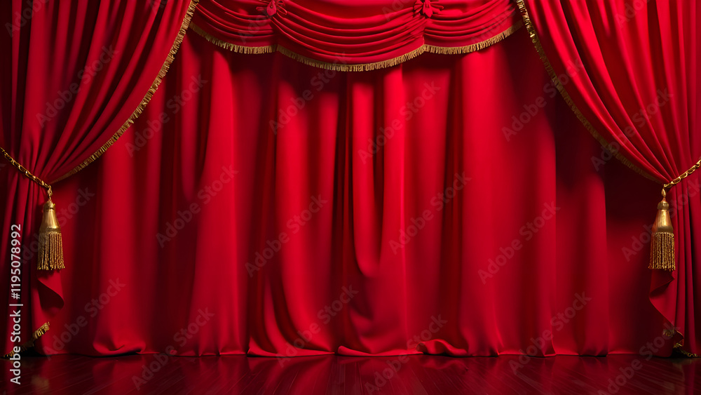 An expansive empty stage adorned with luxurious red curtains complemented by shimmering gold tassels, creating a grand theatrical ambiance