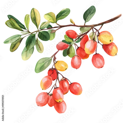 A watercolor drawing of a barberry plant, isolated on a white background. Barberry vector.
