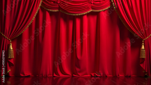 Obraz na płótnie An expansive empty stage adorned with luxurious red curtains complemented by shimmering gold tassels, creating a grand theatrical ambiance w salonie