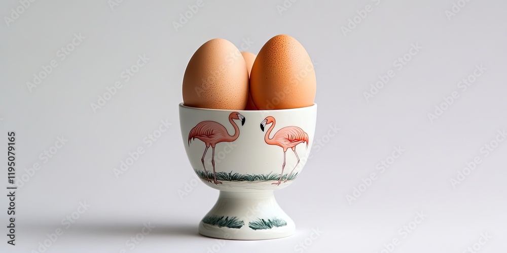 Flamingo-themed egg cup with three brown chicken eggs arranged centrally on a neutral white background highlighting pastel colors and delicate design. Flamingo-themed egg cup with three brown chicken eggs arranged centrally on a neutral white background highlighting pastel colors and delicate design.